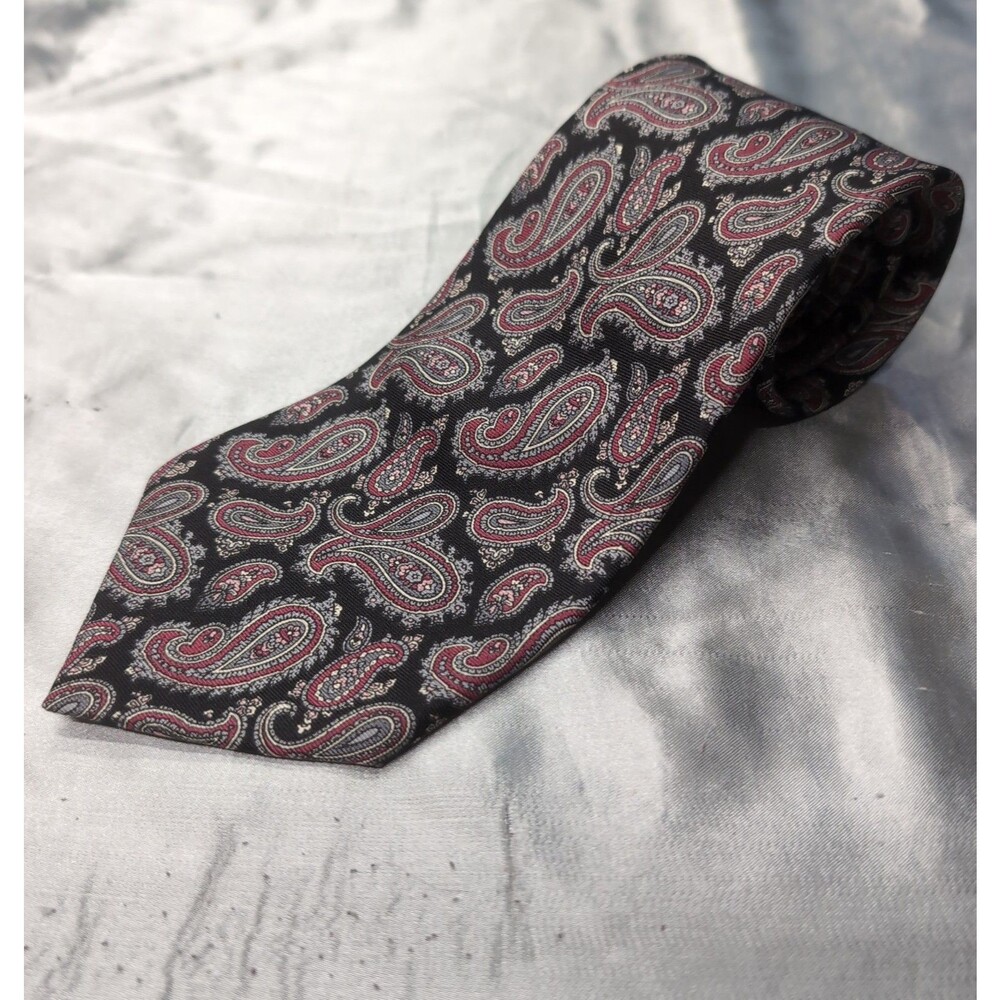Stafford 100% Silk Paisley Necktie - Black, Burgundy & Grey Pattern